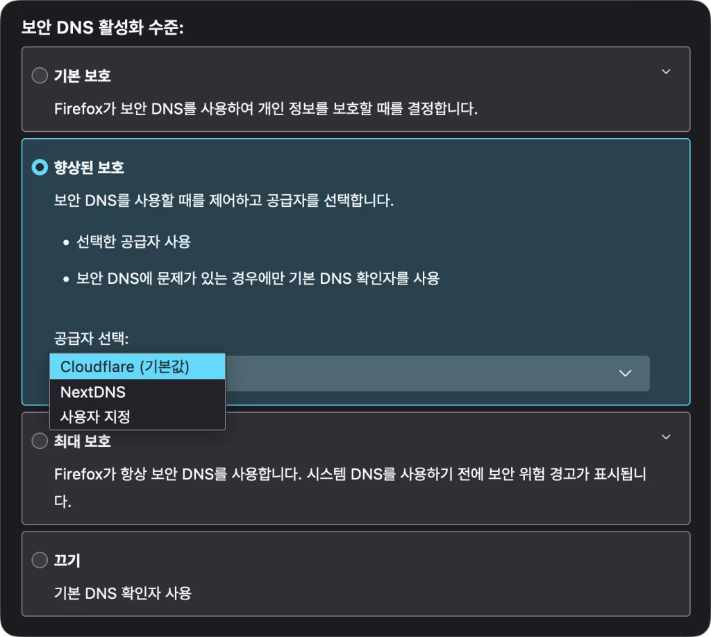 파이어폭스 크롬 엣지 보안 DNS 활성화 수준 - 향상된 보호 Cloudflare
