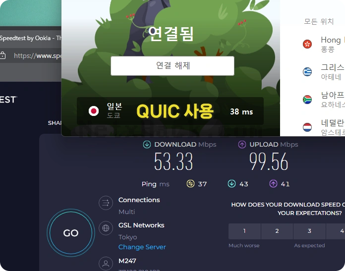 애드가드VPN QUIC 설정 후 속도 테스트 오히려 더 느립니다.