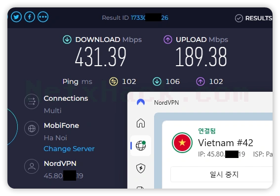 노드VPN 속도 - 베트남 서버 431.39Mbps