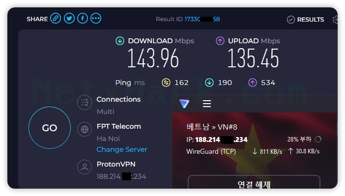 프로톤VPN 속도 - 베트남 서버 143.96Mbps